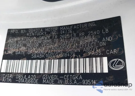 2016 Lexus Es 350 из США, поврежденный, VIN 58ABK1GG5GU018478